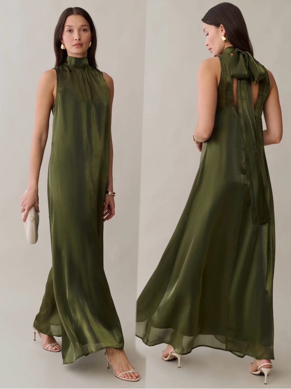 CAARA Alette Dress Olive Green Sleeveless High-Neck tie back Maxi Dress size L